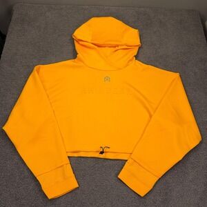 RAWGEAR Hoodie Womens XL Yellow Cropped Drawcord Pullover Oversize Embossed Boxy